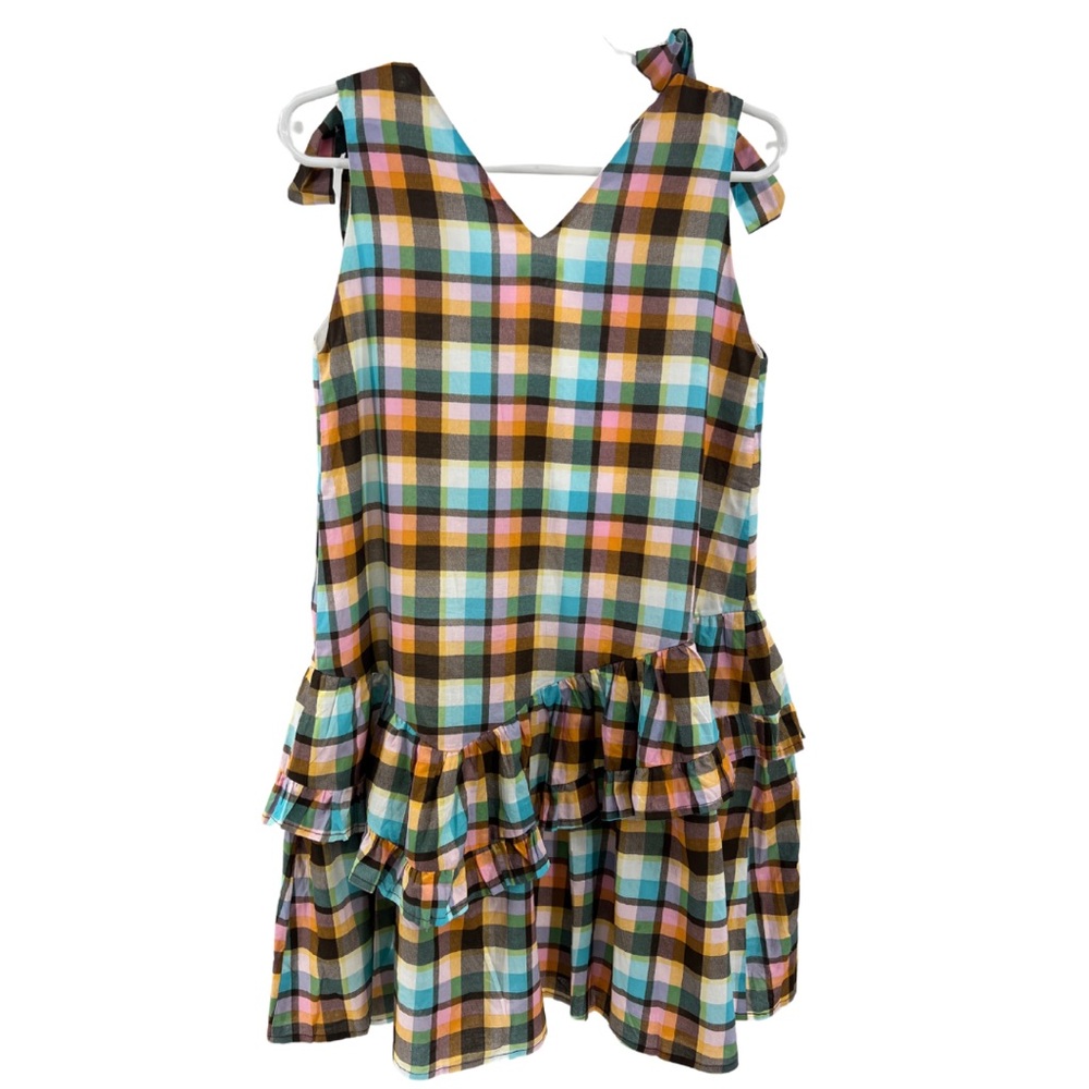 Saturday Club S plaid sleeveless dress ruffle bow pastel cotton casual concert